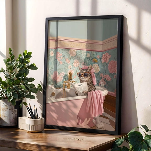 Tabby Cat in Bathtub Wall Art Cozy Bathroom Poster Kitty Print Poster Vintage Glam Decor for Cat Lovers and Spa Vibes Retro Wall Art, Size 12x18 UNFFRAMED F03.1.6l1749