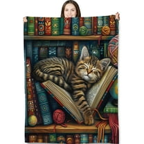 Tabby Cat in Bookshelf Throw Blanket for Adults Kids, 50x60 in, Kitten Theme Flannel Blankets for Bedroom, Couch, Travel, Home Decor, Fuzzy Soft Cozy Warm Gifts