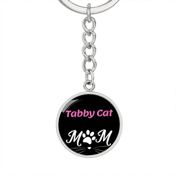 Tabby Cat Cat Mom Keychain Stainless Steel or 18k Gold Circle Pendant