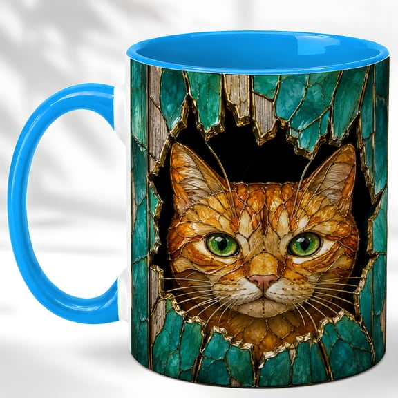 Tabby Cat Coffee Mug, Teal Wood Cat Mug, Ceramic 11 oz