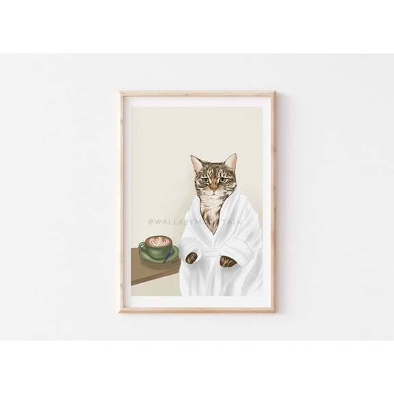 Tabby Cat Coffee Wall Art Kitchen Decor, Unframed Paper Print Size 8x12