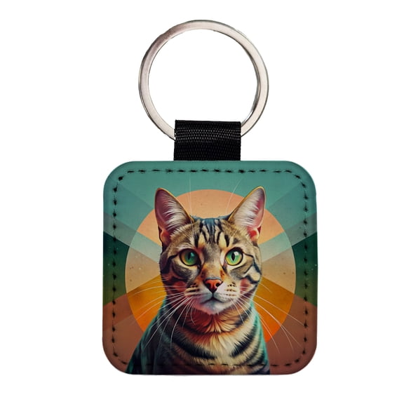 Tabby Cat Contemporary Art Faux Leather Square Keychain