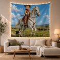 thumbnail image 1 of Tabby Cat Cowboy on Galloping White Horse, Adventurous Digital Art for Animal Lovers, Western Ranch Decor, Housewarming Gift, Tapestry Wall Hanging for Bedroom and Living Room, 1 of 7