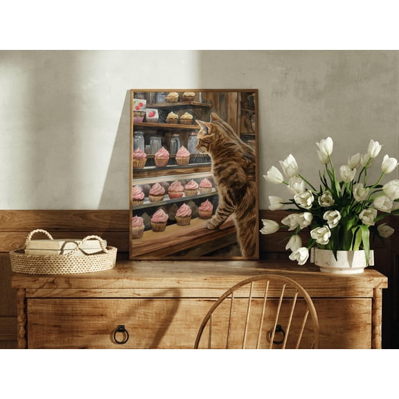 Tabby Cat In Cupcake Shop Poster, Cute Bakery Kitchen Wall Art, Cat Lover Home Decor , Baker Print, Baking Lover Art, Warm Present Vintage UNFRAMED Poster Size 12x18