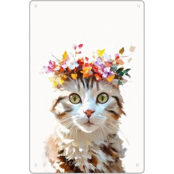 Tabby Cat Decor, Cat Poster for Home Office Living Room Decorations, Cat with Floral Crown Painting Metal Sign, Cats Gifts for Cat Lovers, Funny Cat Bathroom Signs 5.5x8 Inches