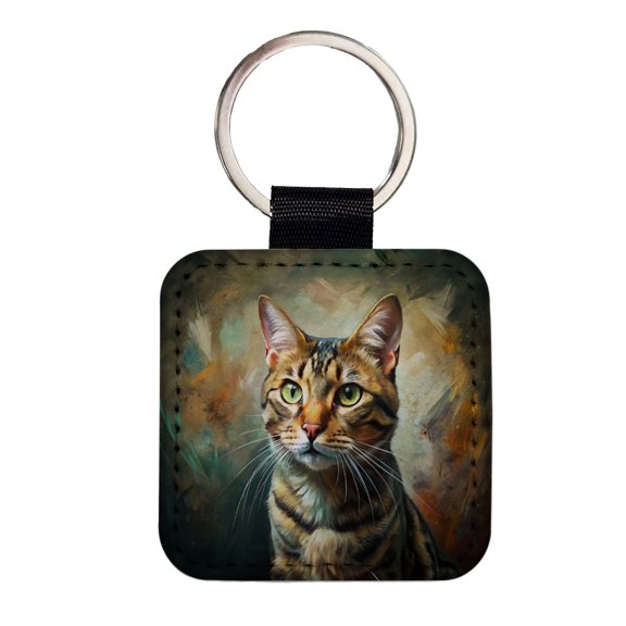 Tabby Cat Expressionism Art Faux Leather Square Keychain
