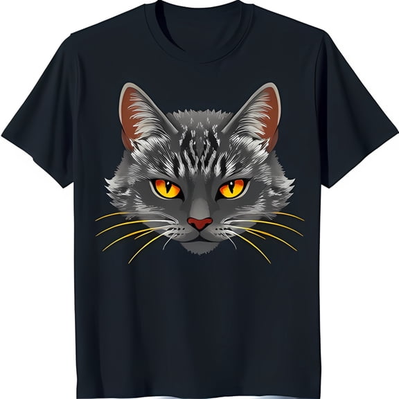 Tabby Cat Face Graphic T-Shirt Dark Blue with Eyes