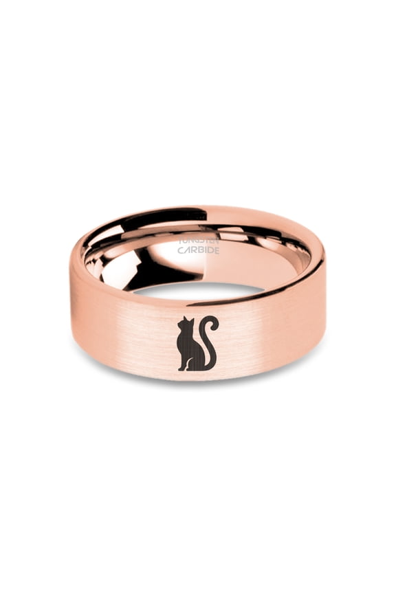 Tabby Cat Feline Rose Gold Laser Engraved Tungsten Ring, Brushed, 8mm, Size 8.5