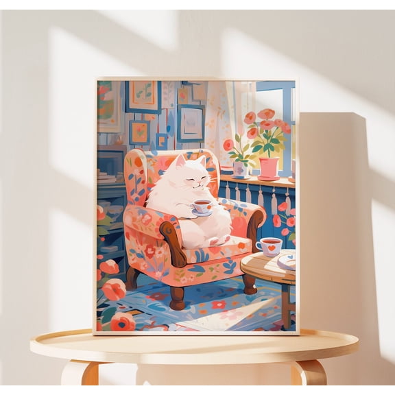 Tabby Cat Flower Market Art Print, Floral Wall Decor, Spring Bloom Unframed Paper Print