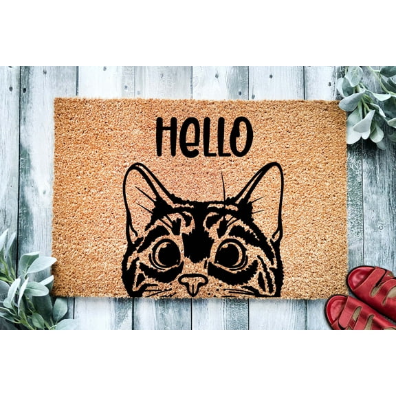 Tabby Cat Hello | Bengal Cat Peeking Doormat | Welcome Mat | Funny Door Mat | Funny Gift | Home Doormat | Housewarming | Closing Gift