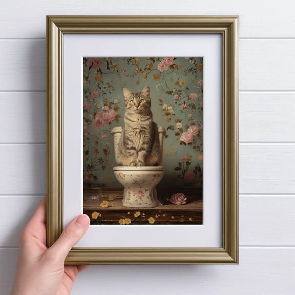 Tabby Cat In Bathroom , Cat Printable Wall Art, Unframed Poster Size 16x24