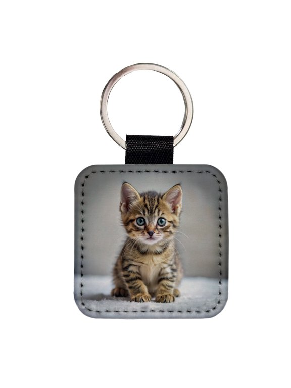 Tabby Cat Kitten Photo Faux Leather Square Keychain