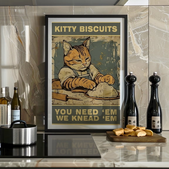 Tabby Cat Kneading Dough For Baking Vintage Illustration Poster Antique Tabby Cat Baking Retro Print Cat Wall Art , Poster Print Only