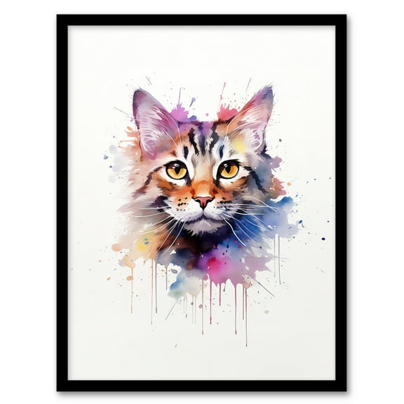 Tabby Cat Lovers Gift Watercolour Pet Portrait Painting Artwork Art Print Framed Poster Wall Decor 12x16 inch
