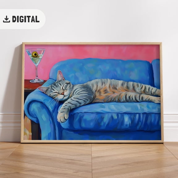 Tabby Cat With Martini Poster Quirky Whimsical Cat Cocktail Bar Cart Art Cute Tabby Cat Wall Art Altered Trendy Home Decor For Her, Unframed Poster Size 8x12