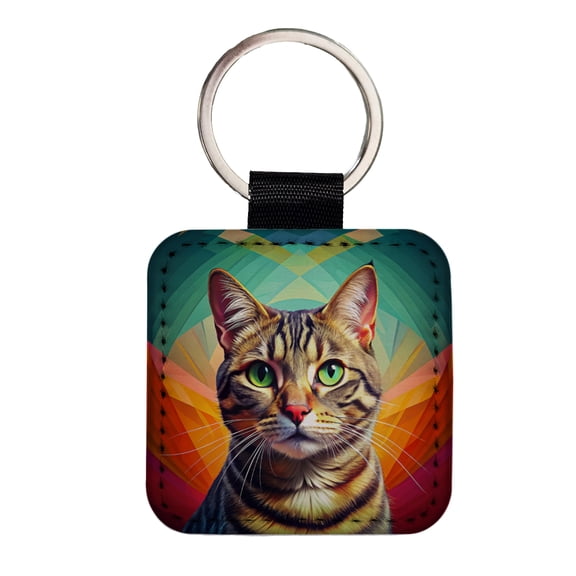 Tabby Cat Pop Art Faux Leather Square Keychain