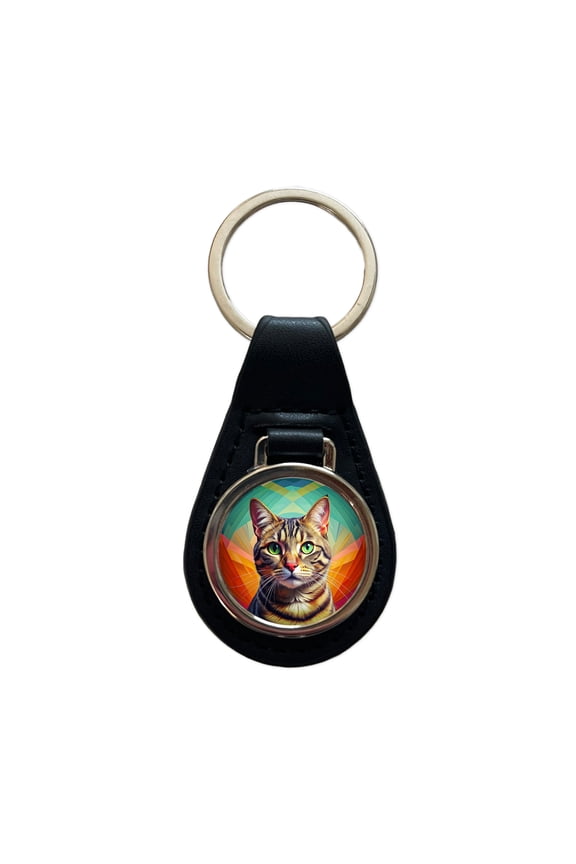 Tabby Cat Pop Art Metal Black Leather Keychain