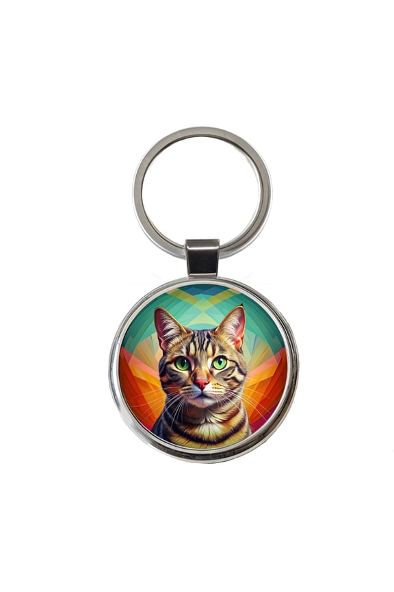 Tabby Cat Pop Art Metal Round Keychain