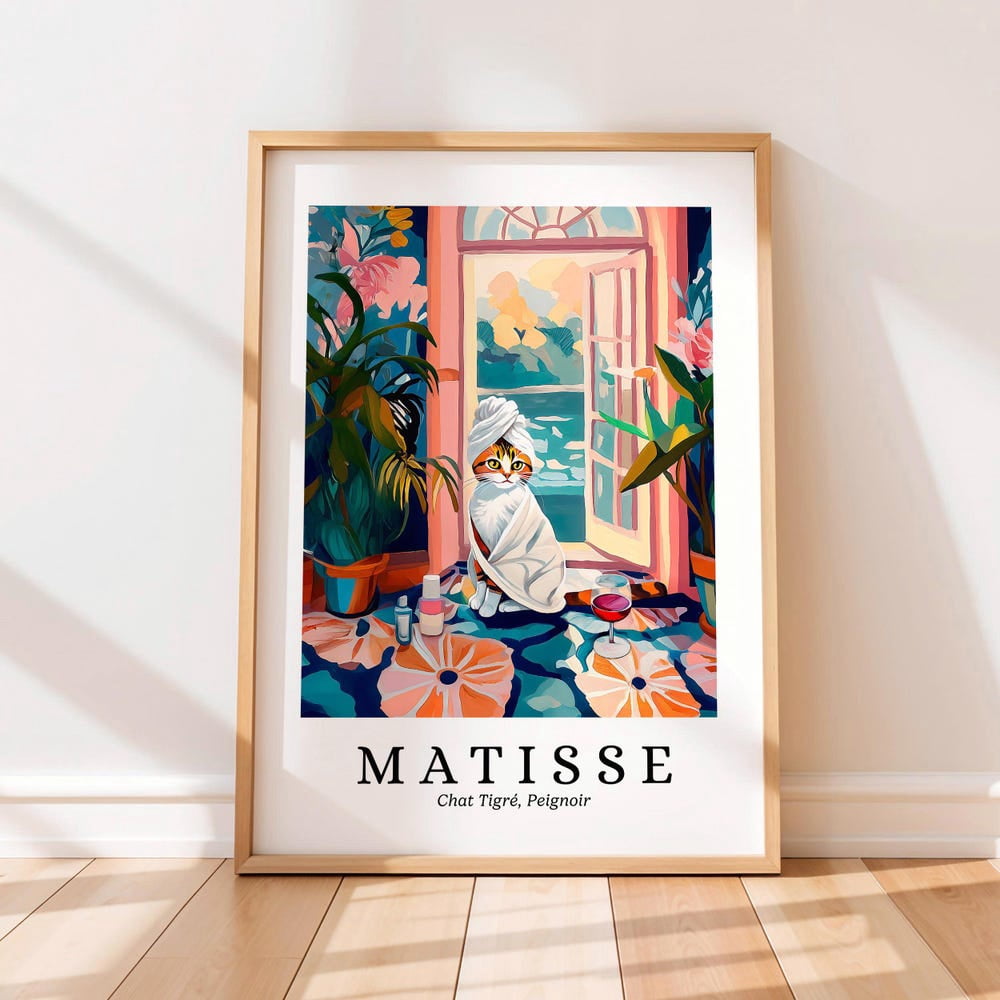 Tabby Cat Robe & Wine Art Print: Henri Matisse Style Funny Bathroom ...