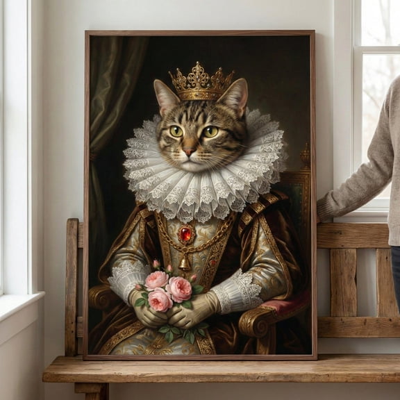 Tabby Cat Royal Portrait Decor Wall Art Renaissance Pet Illustration Regal Feline Digital