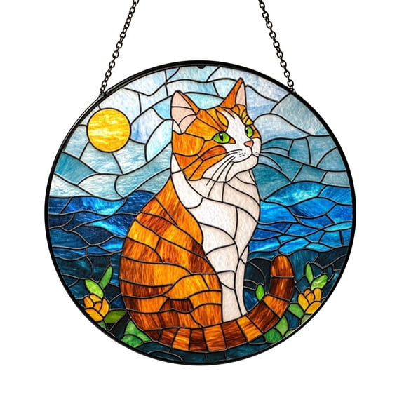 Tabby Cat Stained Glass Panel Orange White Fur Design Window Hanging Bright Home Accent