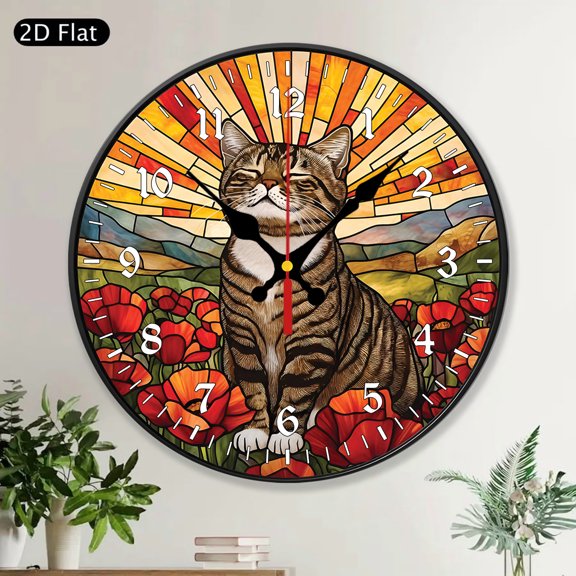 Tabby Cat Stained Glass Round Wall Clock Cute Tabby Cat Lover Gift Orange Poppies Cat Wall Decor Unique Cat Hanging Clock