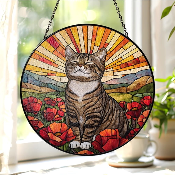 Tabby Cat Stained Glass Suncatcher, Cute Tabby Cat Lover Gift, Orange Poppies and Cat Suncatcher, Tabby Cat Hanging Window,Unique Cat Lover