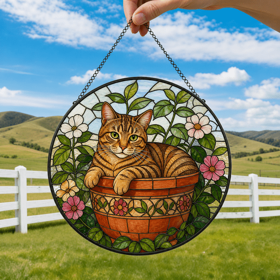 Tabby Cat Stained Glass Suncatcher Window Hanging Acrylic Gift for Cat Lovers