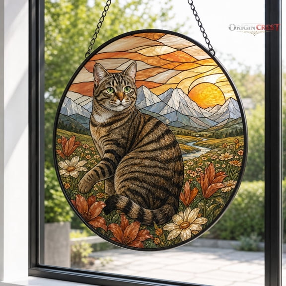 Tabby Cat Stained Glass Suncatcher with Floral Design - Window Hanging Gift for Cat Lovers