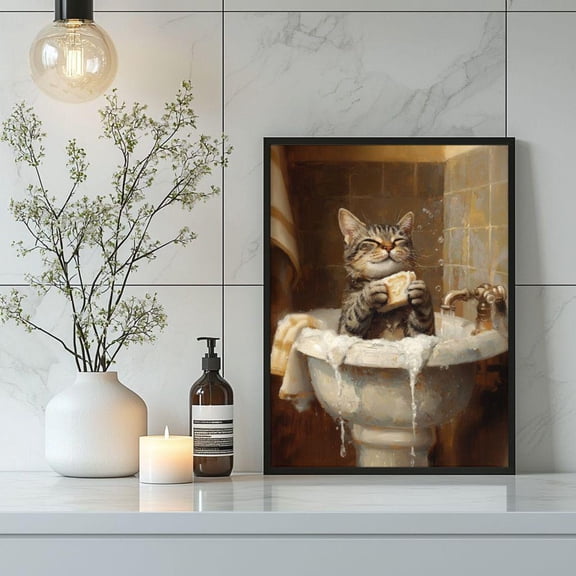 Tabby Cat Taking Bath In Sink Poster, Cute Cat Bathroom Decor, Cat Lover Print,, Unframed Poster Size 8x12