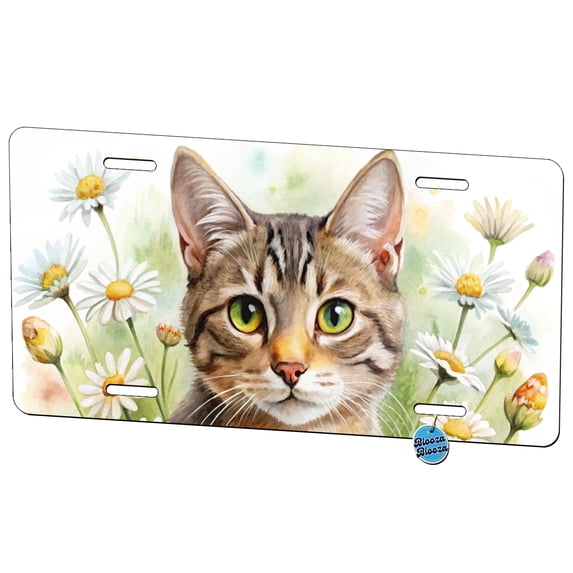 Tabby Cat Watercolor Design With Daisies Metal Novelty License Plate