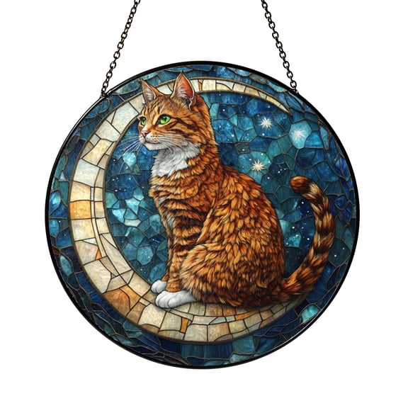 Tabby Cat on Crescent Moon Stained Glass Suncatcher, Window Hanging Ornament, Vibrant Animal Home Decor, Gift for Cat Lovers