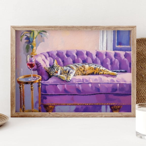 Tabby Cat with Red Wine Cute Quirky Whimsical Wall Picture, Unframed Canvas 8x10in