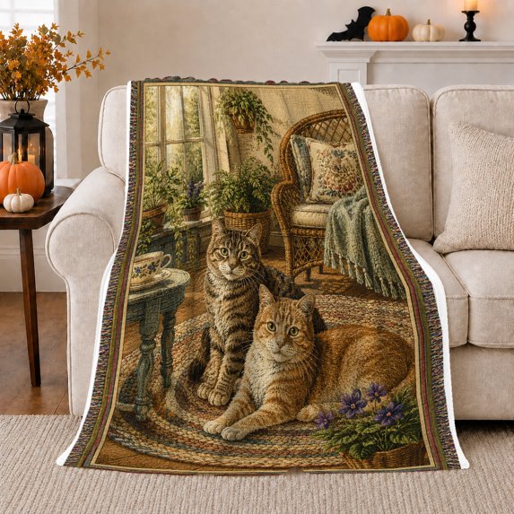 Tabby Cats in Sunroom with Wicker Chair and Plants, Cozy Vintage Cat Art for Cat Lovers, Birthday Gift, Soft Flannel Blanket for Bedroom and Lounge, Cottage Home Decor