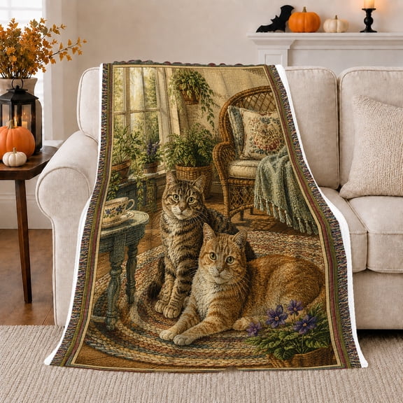 Tabby Cats in Sunroom with Wicker Chair and Plants, Cozy Vintage Cat Art for Cat Lovers, Birthday Gift, Soft Flannel Blanket for Bedroom and Lounge, Cottage Home Decor