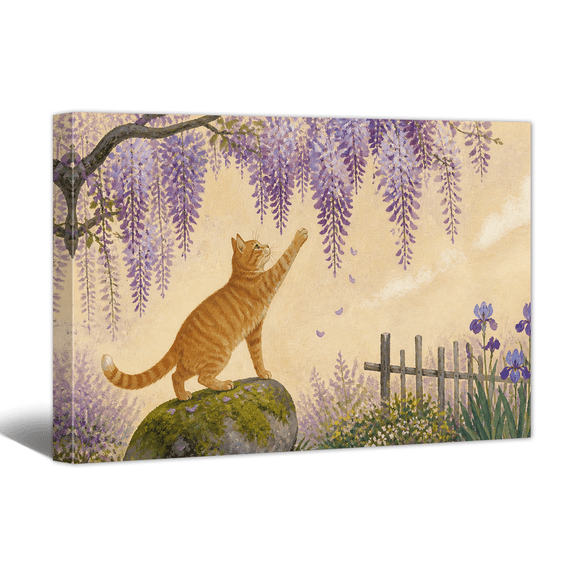 Tabby Kitten Canvas Wall Art Whimsical Wisteria Garden Picture Prints, Rustic Aesthetic Artwork Paintings for Living Room Bedroom Kids Room Gallery Home Wall Decor