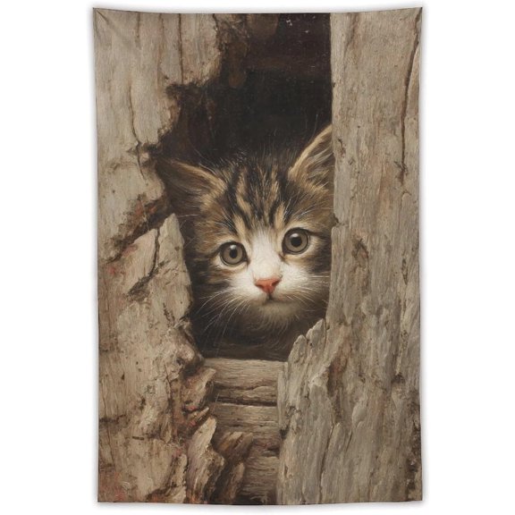 Tabby Kitten Peeking through A Gap Tapestry Polyester Modern Aesthetic Wall Hanging for Home Bedroom Living Room Dorm Decor 40"x60"