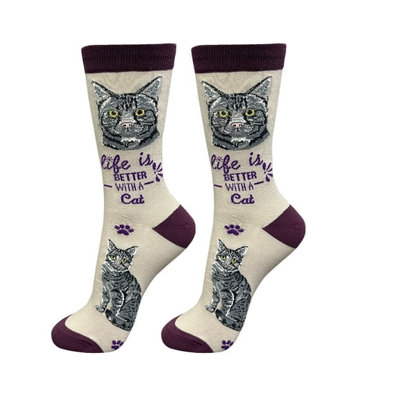 E&S Pets Tabby, Silver Cat Socks - Life is Better Socks for Pet Lovers - Cute Unisex Socks - One Size Fits Most