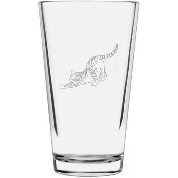 Tabby Stretching Cat Themed Etched 16oz Libbey Pint Glass