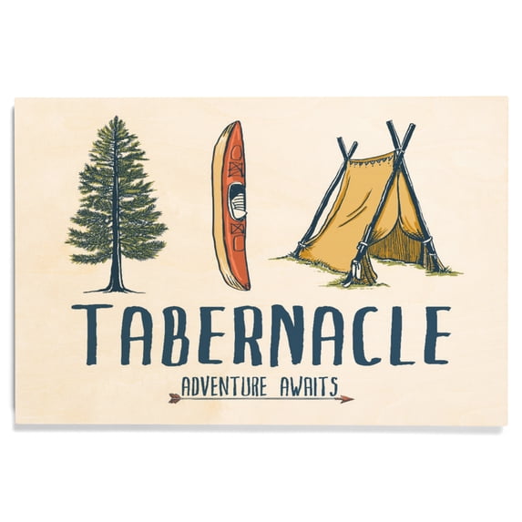 Tabernacel, New Jersey, Adventure Awaits, Kayak Version Birch Wood Wall Sign (12x18 Rustic Home Decor, Ready to Hang Art)