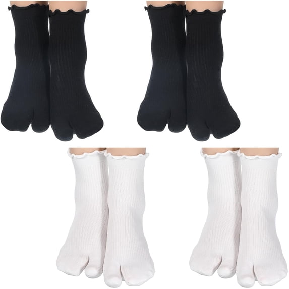 Tabi Socks, 4 Pairs Cotton Split Toe Socks Elastic Flip Flop Sock for Women Men Unisex(Black, White)
