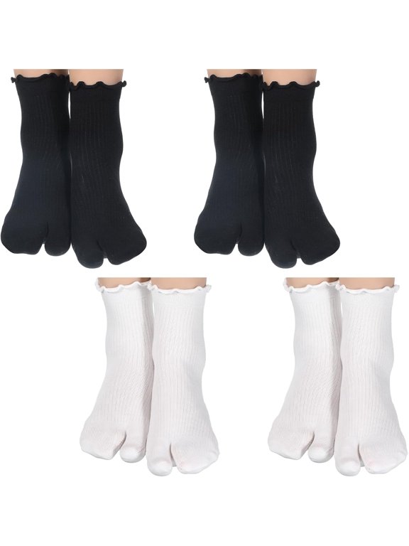 Tabi Socks, 4 Pairs Cotton Split Toe Socks Elastic Flip Flop Sock for Women Men Unisex(Black, White)