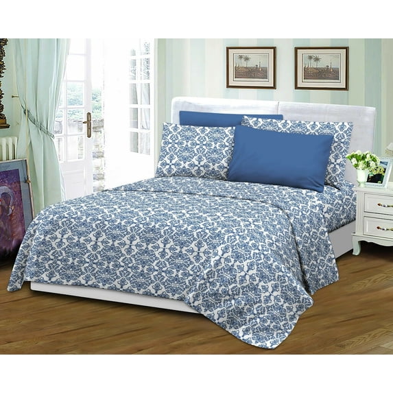 Tabitha 6 PC Sheet Set Damask Bedding Ultra Soft Double Brushed Microfiber Fabric - Full Blue
