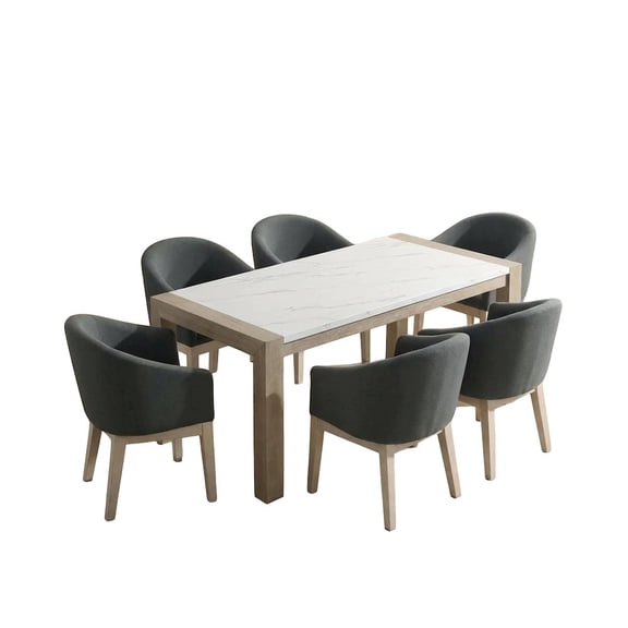 Tabitha 7Pc 66" Rect White Faux Marble Top Dining Set in Lt Oak Wood Fin+6 Chrs