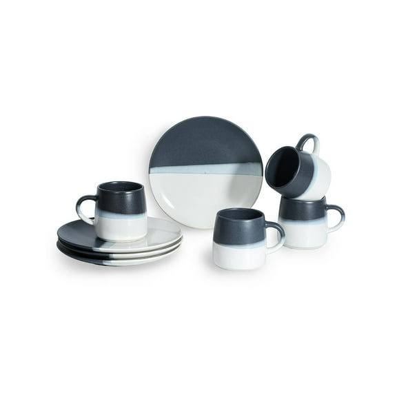 Table 12 Bruckner Stoneware 8-Piece Set, Four 12-Ounce Coffee Mugs & Four 8" Salad Plates, Tri-Color Reactive Glaze, Plates and Cups for Kitchen, Dishwasher & Microwave Safe, TD8YM