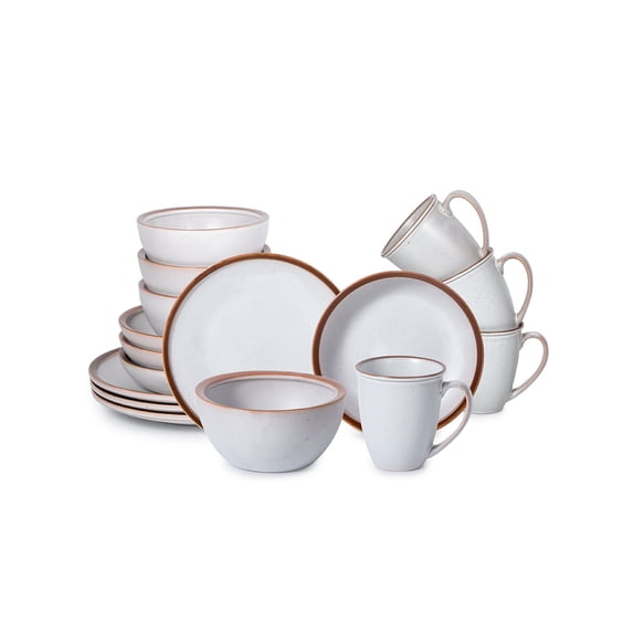 Table 12 Maldan Stoneware 16-Piece Dinnerware Set, Service for 4, Coupe Shaped Dinnerware, Reactive Glaze, Off-White with Coffee Brown Rim, Plates and Bowls Sets, TD16YN