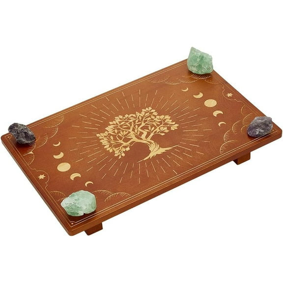 Table 12x8 Inch Rectangle Wooden Divination Meditation Stand Candle Holders Engraved Moon Phase and The Tree of Life on Table Top for Spiritual Meditation