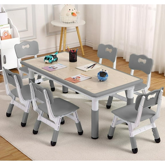 Table and 6 Chairs Set, Height Adjustable Toddler Table and Chair Set, Graffiti Desktop, Non-Slip Legs, Max 300lbs, Children Multi-Activity Table for Ages 2-10, for Classrooms,Daycares,Home