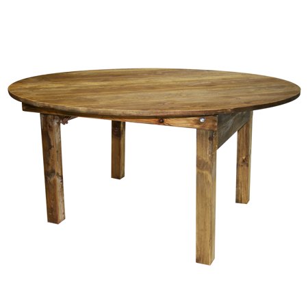Table - 60" Round Pine Wood Farm - Folding Legs Rustic