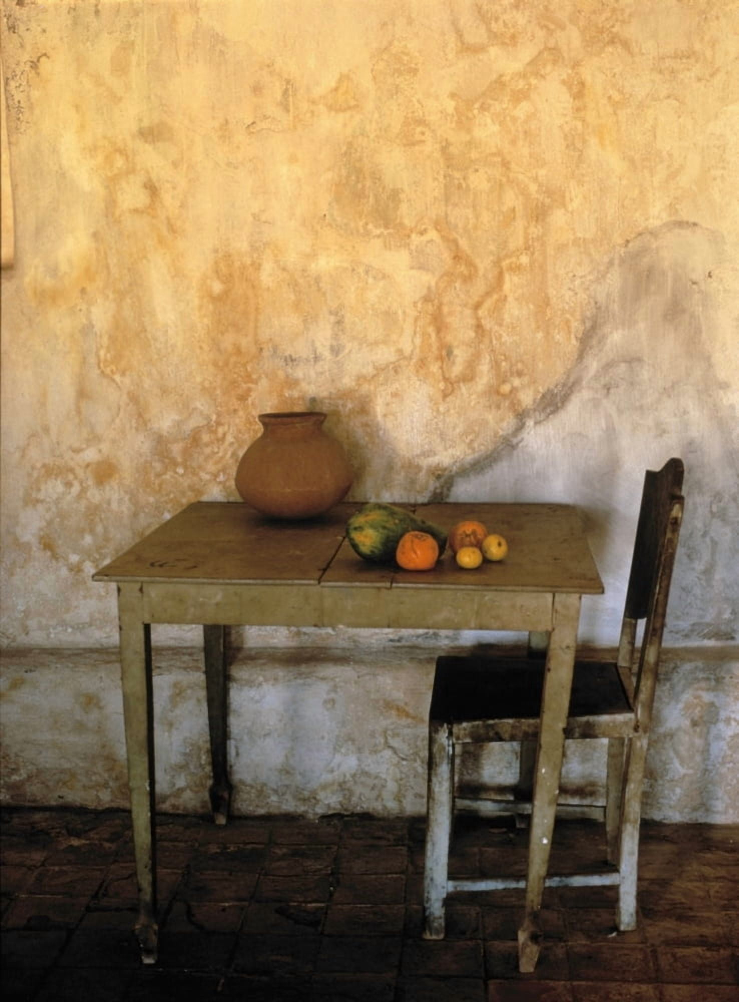 Table And Chairs Infront Of Weathered Wall Canvas Art - Chris Caldicott Design Pics (24 x 32)
